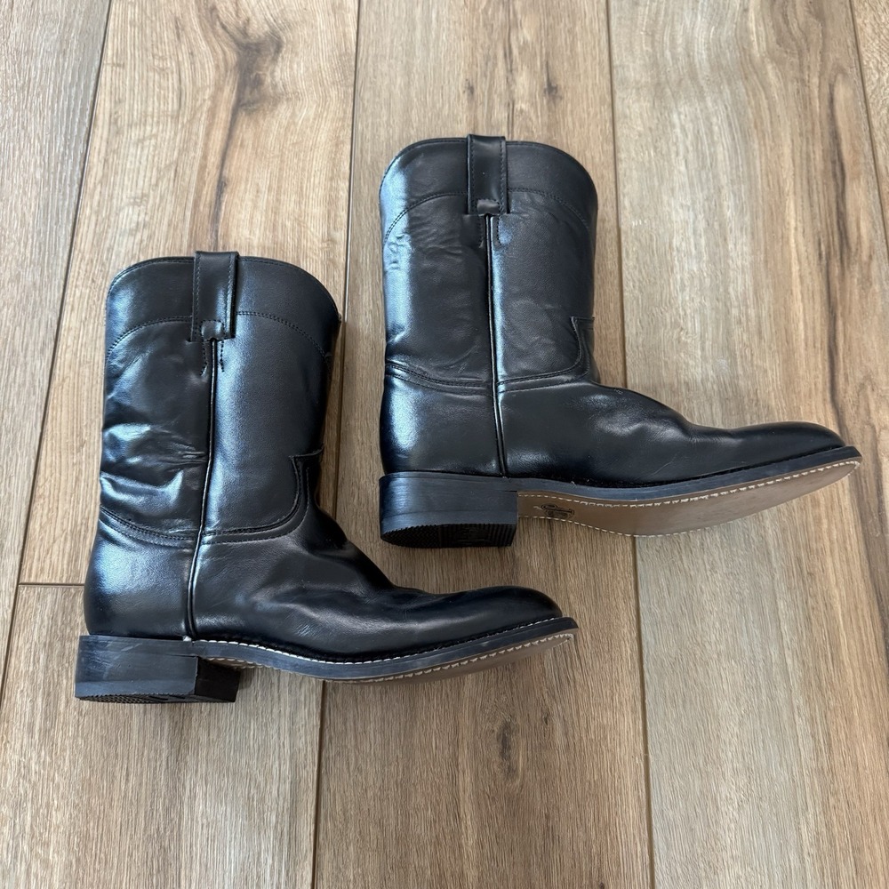 Justin Black Leather Roper Cowboy Western Boots 3702Y Junior Size 5 D